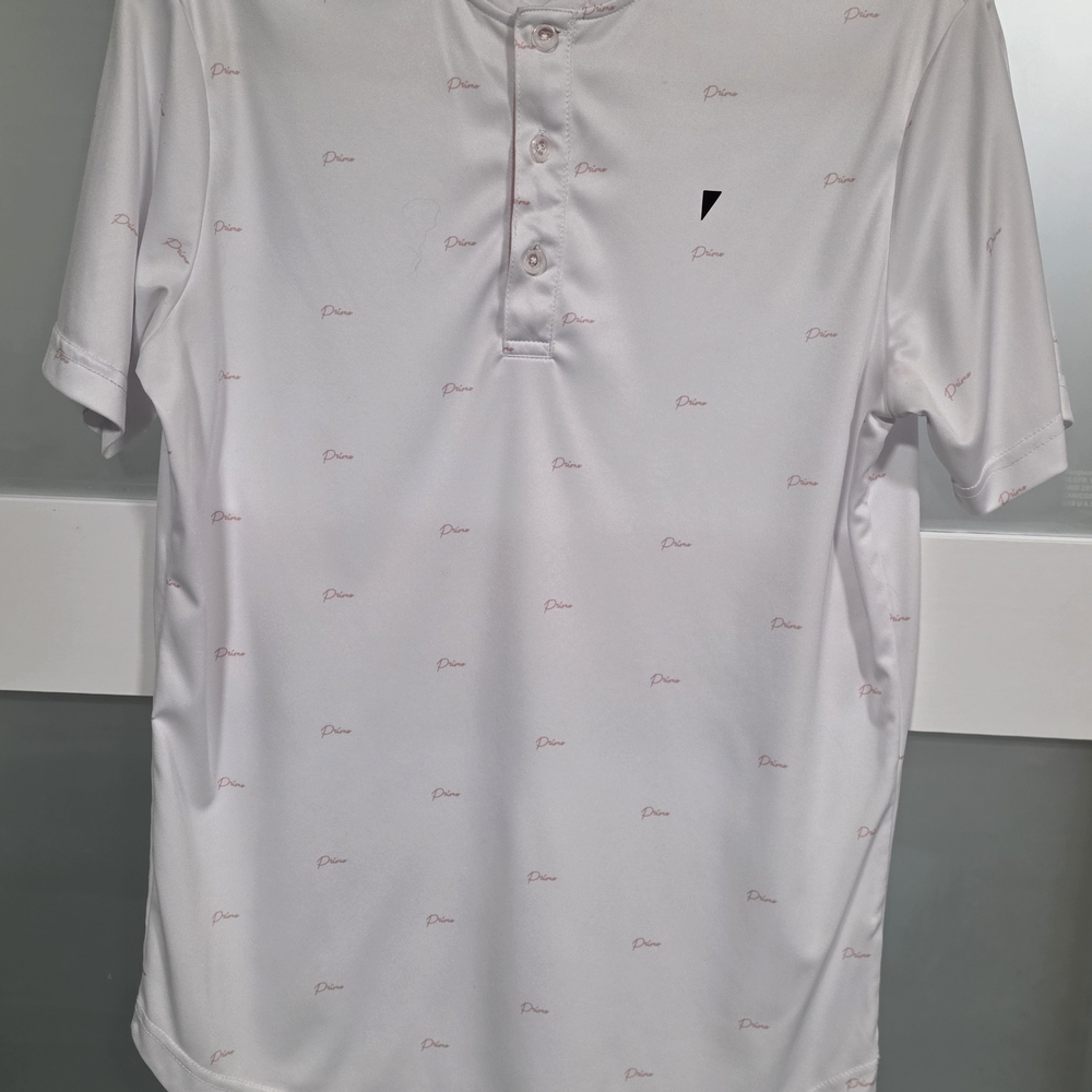 Primo Men's White Polo with Subtle Pink Script and Minimal Logo
